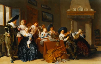 Elegáns figurák hangszerekkel egy asztalnál ülve és egy fiatal hölgy énekel a belső térben, 1637
