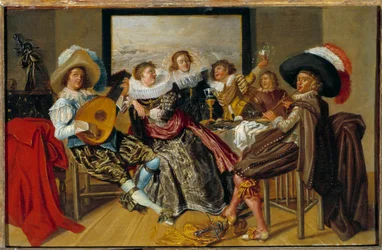 Galant Meeting Zenészek és fiatal nők zenélnek és poharukat emelik egy partin. Dirk Hals (1591-1656) festménye 1625 V. 0,3x0,46 m