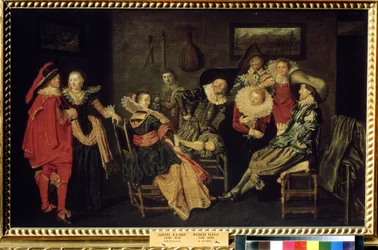 ""The Merry Company"" (The Merry Company) A buli egy gazdag holland rezidenciában, elegánsan öltözött polgárok asztalán. Dirck Hals (1591-1656) festménye, 17. század, 41x66 cm, Puskin Múzeum, Moszkva