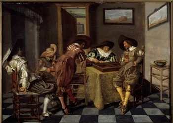 A tric trac része (tri-trac: régi Backgammon játék). Dirk Hals (1591-1656) festménye, 1615-1625 körül. Olaj, fa. Méret: 0,38 X 0,53 m. Lille, Musee Des Beaux Arts – Tic-trac játékosok („Trictrac: ősi backgammon játék). Dirk Hals festménye (159