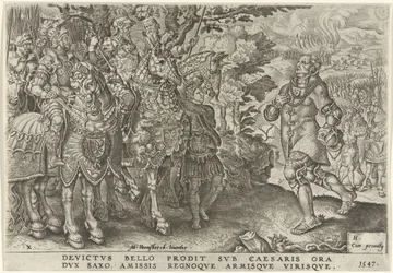 A szász herceg megadása a mühlbergi csatatéren, 1547 V. Károly győzelmei (sorozat címe) Divi Caroli. v. imp. dönt. max. victoriae, ex multis praecipuae (sorozat címe)