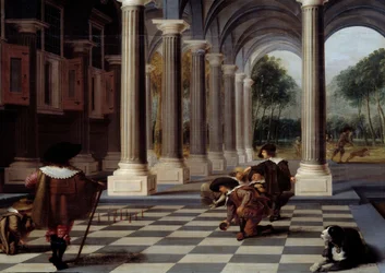 Skitel Players Bowling játék a sakktáblán. Részlet. Dirck Van Delen festménye (1605-1671)