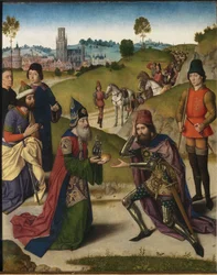 Az utolsó vacsora oltárképe: Ábrahám és Melkisédek találkozása bal szárny, 1464-1468