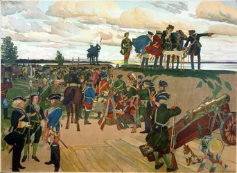 I. Nagy Péter (1672-1725) alapította a szentpétervári erődöt a XVIII. században. (A szentpétervári erőd alapítása). Dmitrij Nyikolajevics Kardovszkij (Kardovski) (1866-1943) munkája, litográfia