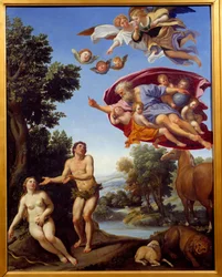Isten megdorgál Ádám és Éva Domenico Zampieri (A Dominikin) festménye 1625 V. 0,95x0,75 m Grenoble, Szépművészeti Múzeum
