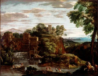 Táj repüléssel Egyiptomban Domenico Zampieri festménye dit Il Domenichino (1581-1641) 1620 kb. Nap. 165x202 cm Párizs, Musee du Louvre - Táj egyiptomi repüléssel, Domenico Zampieri, más néven Il Domenichino (1581-1641). Olajfestmény