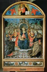 Madonna a trónon, a gyermek Jézus, két angyal, valamint Szent Bertalan és Abbász Antal ...