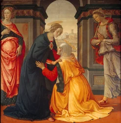 Vizitáció: Szűz Mária meglátogatja Erzsébetet, Jakab Máriája és Salome Mária között, a Keresztre feszítés és a Feltámadás tanúi, 1491