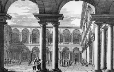 A milánói Brera palota udvara, ahol a Szépművészeti Akadémia és a Művészeti Galéria található, Francesco Maria Richini (1584-1658) építész tervezte, metszet Domenico Aspari (1745-1831), Olaszország