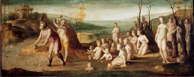 Deukalión és Pürrha. A görög mitológia szereplői, akik az özönvíz után olyan köveket hajítanak, amelyekből emberek születnek. Domenico Beccafumi (1486-1551) festménye, 1525-1530 körül. Fa. Méret: 53 x 134 cm. Olaszország, Firenze, Horne Alapítvány
