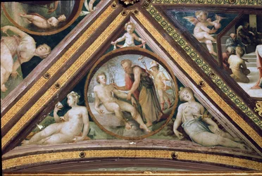 Promethee embert teremt a Merkúr tekintete alatt, aki lombhullatót tart, sisakot és szandált szárnyat visel Domenico Beccafumi freskója (1486-1551)