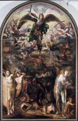 Szent Mihály üldözi a lázadó angyalokat (A lázadó angyalok bukása). Domenico Beccafumi (1486-1551) festménye
