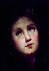 Krisztus alászállása a bizonytalanságba. Egy fiatal férfi arcának részlete belemerül a sötétbe (sötétbe), és az ég felé néz. Domenico Beccafumi (1486-1551) festménye