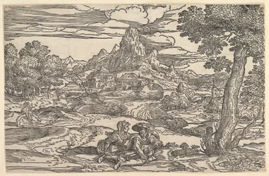Tájkép egy nővel, aki egy férfi mellett ül, aki sürgősen játszik, kb. 1540.