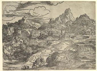 Táj az előtérben együtt sétáló családdal, bal oldalon két figura ..., kb. 1535-40.