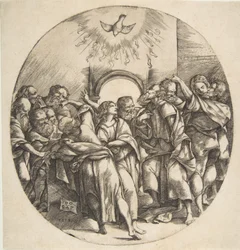 A Szentlélek, mint egy madár, amely kitárt szárnyakkal száll alá középen, a tizenkét apostol..., 1518.