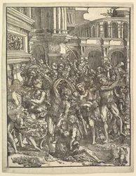 Az ártatlanok mészárlása, jobb oldali férfialakokkal, akik nőket és ..., 1517.