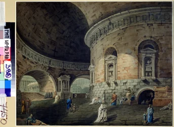 Szcenográfia egy színdarabhoz. Színpadterv színházi darabhoz. Domenico Corsini (1812-1873) festménye, 19. század eleje. olasz művészet. Akvarell papíron. Orosz Állami Irodalmi és Művészeti Levéltár, Moszkva