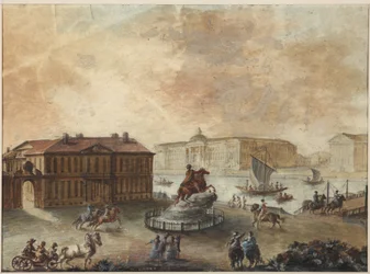 Nagy Péter lovas szobra a Szenátus téren (place de Senat, place des decembristes ouplace de Pierre) – Domenico Felice Lamoni (1745-1830). Akvarell és fehér szín papíron, 1782 után. Szentpétervári Állami Történeti Múzeum