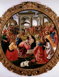 A napkeleti bölcsek imádása, Domenico Ghirlandaio (Domenico Bigordi) (1449-1494) festménye, 1487, átmérő 171 cm, Firenze, Galleria degli Uffizi