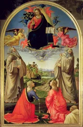 Krisztus a dicsőségben Szent Benedekkel (kb. 480-547), Szent Romualddal (kb. 952-1027), St. Attinia, St. Grecinia és az adományozó, Buonvicini apát, 1492 (panel) (részletesen lásd: 85138)