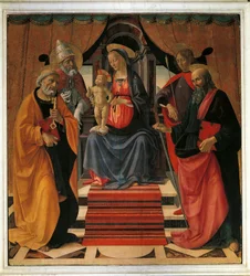 Szent beszélgetés. Szűz Mária és Jézus Krisztus Szent Péterrel, Szent Pállal, Szent Sebestyénnel és Szent Kelemen pápával körülvéve (festmény