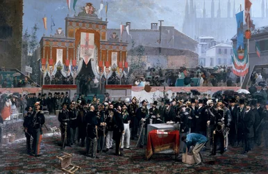 A Galleria Victor Emmanuel II alapkőletételi ünnepség Milánóban, március 7-én
