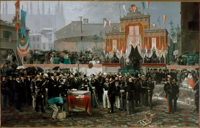 Ünnepély a Vittorio Emanuele II. képtár sarokkövéért 1865. március 7-én (olaj, fa