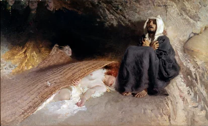 Szent Antal megkísértése. A remete Nagy Szent Antalt (251-356) a sivatagban fiatal nők alakjában megjelenő ördögi kísértések érik. Domenico Morelli (1826-1901) festménye, 137 x 225 cm, Róma, Galleria d