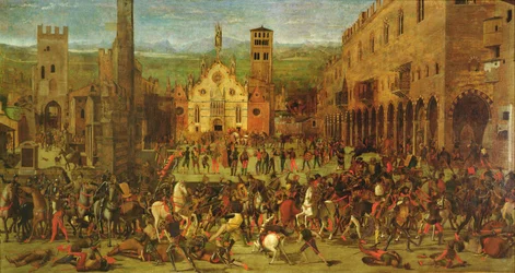 A Bonacolsi kiűzése Louis Gonzaga által 1328-ban a Piazza Sordellón, Mantuában
