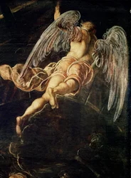 Jézus Krisztus leszállása a bizonytalanságba Egy angyal részlete. Jacopo Robusti festménye detto il Tintoretto (A Tintoret