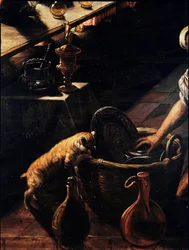 Az utolsó vacsora (La cene) Részlet egy kosárban kereső macskáról. Jacopo Robusti festménye: Tintoret (Tintoretto) (1518-1594) 1592-1594 V. 365x568 cm Velence, San Giorgio templom