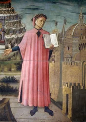 Olaszország, Toszkána régió, Firenze, Katedrális, Dante Alighieri portréja, Firenze és Domenico di Michelino Isteni színjátékának allegóriája, szarvasmarha, vászon