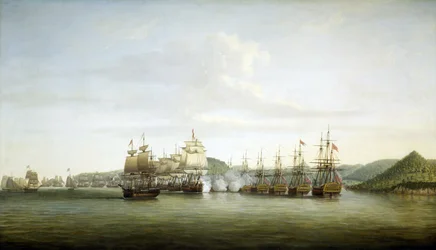 Amerikai forradalom (vagy amerikai függetlenségi háború) 1775-1783: Samuel Barrington őrnagy manővere Saint Lucia szigetén, a nyugat-indiai francia birtokon, december 15-én.