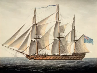 A francia "Sans Pareil" 3. osztályú, 80 ágyúval felszerelt hajó, június elsején foglalták el, 1800 körül (akvarell)