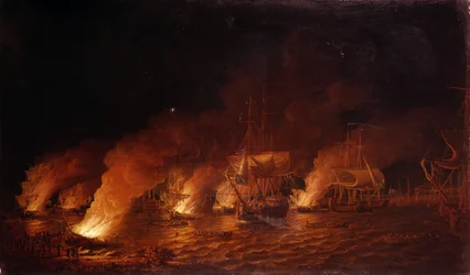 Hétéves háború (1756-1763): Francia hadihajók támadása a brit flottára Quebec City (Kanada) előtt, 1759. június 28-án éjszaka. Olaj, vászon