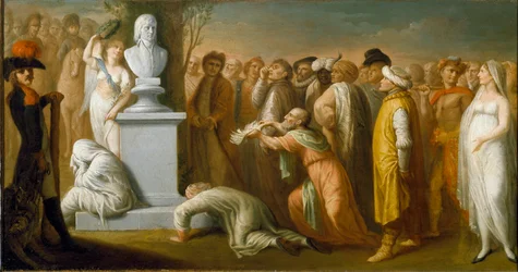 Egyiptom hadjárata (expedíciója) (1798-1801): "" Bonaparte Napóleon (1765-1821) hazatérése Egyiptomból 1799 októberében"" Napóleon tábornok allegorikus ábrázolása, aki győzött Egyiptomból hazatérve, márvány mellszobra szimbolizálja , mely koronás