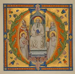 Add. 37472 f.3: Kivágás egy graduáléból, történeti „O” iniciáléval; trónon ülő Romauld püspökszenttel (valószínűleg Ágostonnal), valamint a kamalduli öltözetű szerzetesszentekkel, Johannes Gualberttel (jobb felső sarok), Maurusszal és Placidusszal, kb.