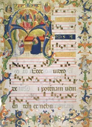 A Montoliveto kolostorból származó kóruskönyv előképe, 1390 körül (tintás gouache és arany pergamen)