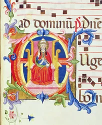 Ms 572 f.125r Történeti "E" kezdőbetű, amely Szent Pétert mint Róma első püspökét ábrázolja a Santa Maria del Carmine egyik antifónájából.
