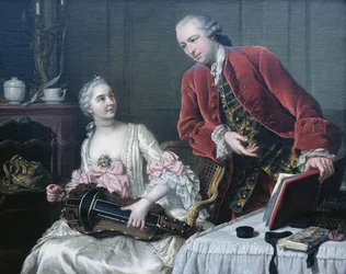 Monsieur és Madame de Corcelles portréja zenél egy belső térben