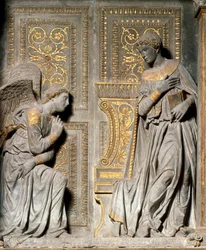 Angyali üdvözlet, Donato de Bardi, Donatello néven ismert művész (kb. 1386-1466) magas domborműve, 1435, Chiesa di Santa Croce, Firenze