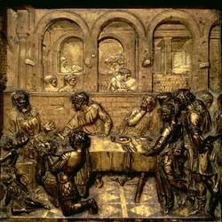 Heródes lakomája, a Keresztelő János életét ábrázoló domborműsorozatból a keresztelőkápolna hatszögletű keresztelőmedencéjén, 1417-30