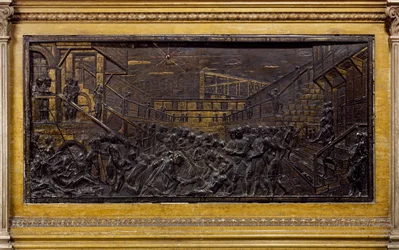 Dombormű Szent Antallal, amint visszailleszti egy ifjú lábát, Donatello műve (körülbelül 1386-1466), bronz, a szent oltára, Szent Antal-bazilika (Basilica del Santo), Padova, Olaszország