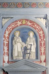 Szent Lőrinc és Szent István, alacsony domborműves szobor az északi ajtó felett, 1440 körül (terrakotta)