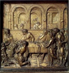 II. Heródes Antipasz (Kr. e. 21-Kr. u. 39) lakomája. A Donato di Niccolò di Betto Bardi, Donatello néven ismert művész (1386-1466) által készített keresztelőmedence alsó domborművének részlete