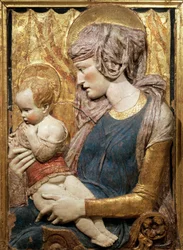 Szűz és gyermek, 1440 körül, Donatello (kb. 1386-1466), festett és aranyozott terrakotta dombormű