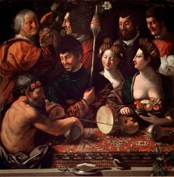 Bambocciata (burleszk festmény). Boszorkányság vagy Herkules allegóriája. Giovanni Luteri dit Dosso Dossi (kb.1479-1542) festménye. 16. század V. 143x144 cm Galleria degli Uffizi (Irodák), Firenze, Olaszország.