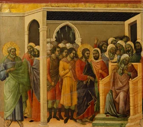 Krisztus Kaifás előtt, a Krisztus szenvedésének és feltámadásának epizódjaiból készült csempe részlete, a Sienai katedrálisban található Duccio-oltár Maesta