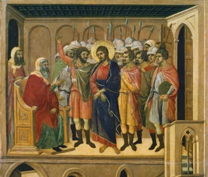 Krisztus a főpap előtt, részlet a Krisztus szenvedésének és feltámadásának epizódjaiból, a Sienai katedrálisban található Duccio-oltár Maesta